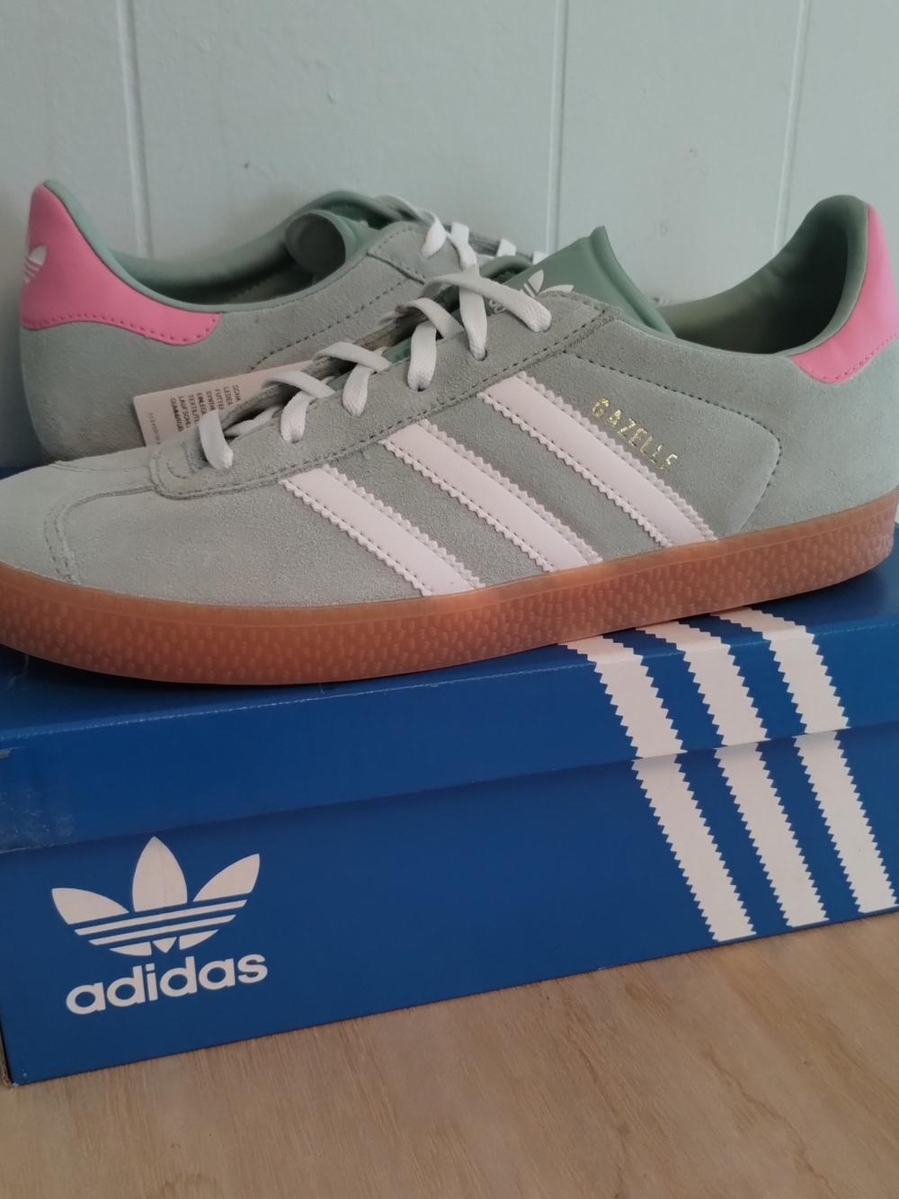6.5W Adidas Gazelle J Suede Sneakers in Mint Green & Pink